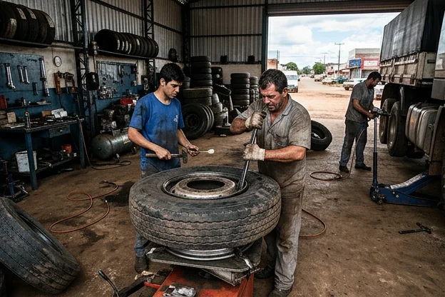 Equipe trabalhando em uma borracharia com pneus e ferramentas.