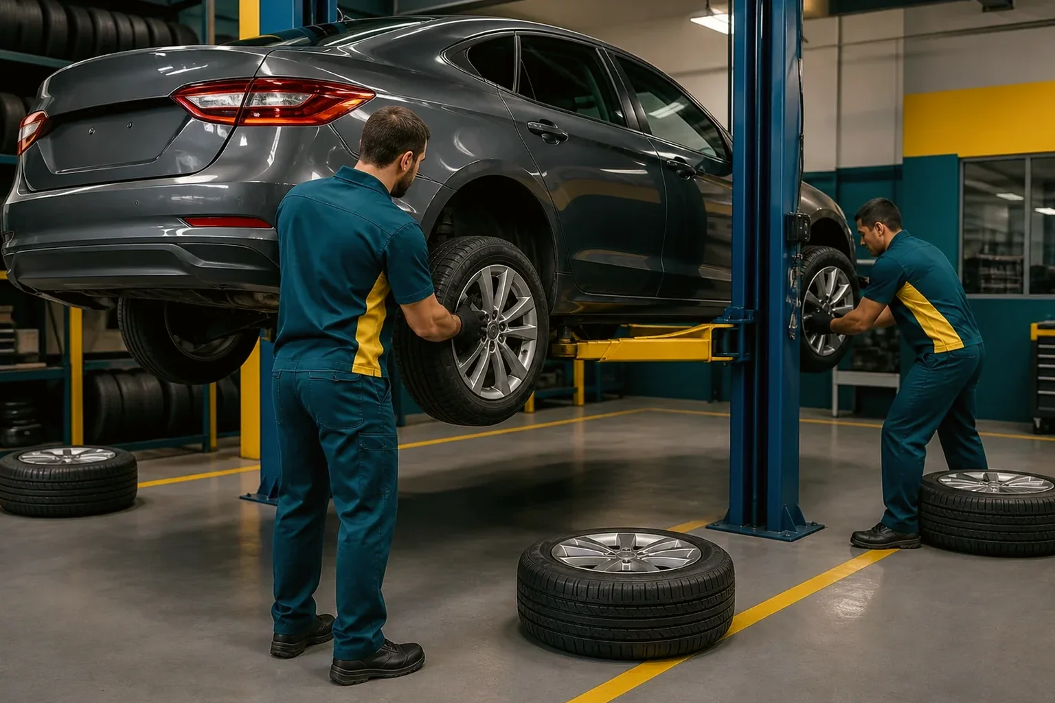 Profissional realizando rodízio de pneus em um carro na borracharia.