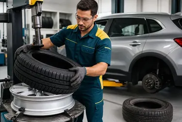 Profissional trocando pneus de um carro na borracharia.