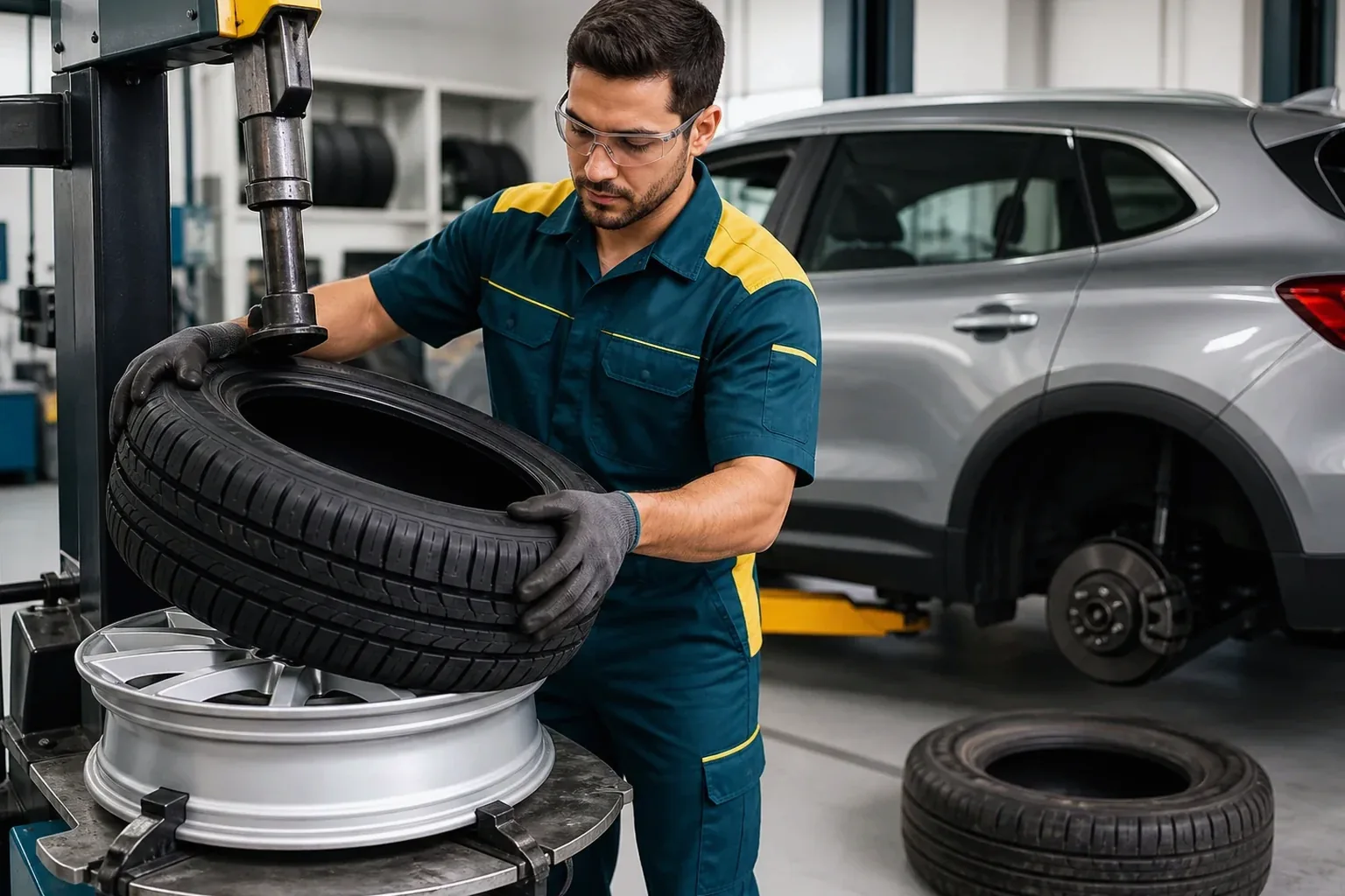 Profissional trocando pneus de um carro na borracharia.