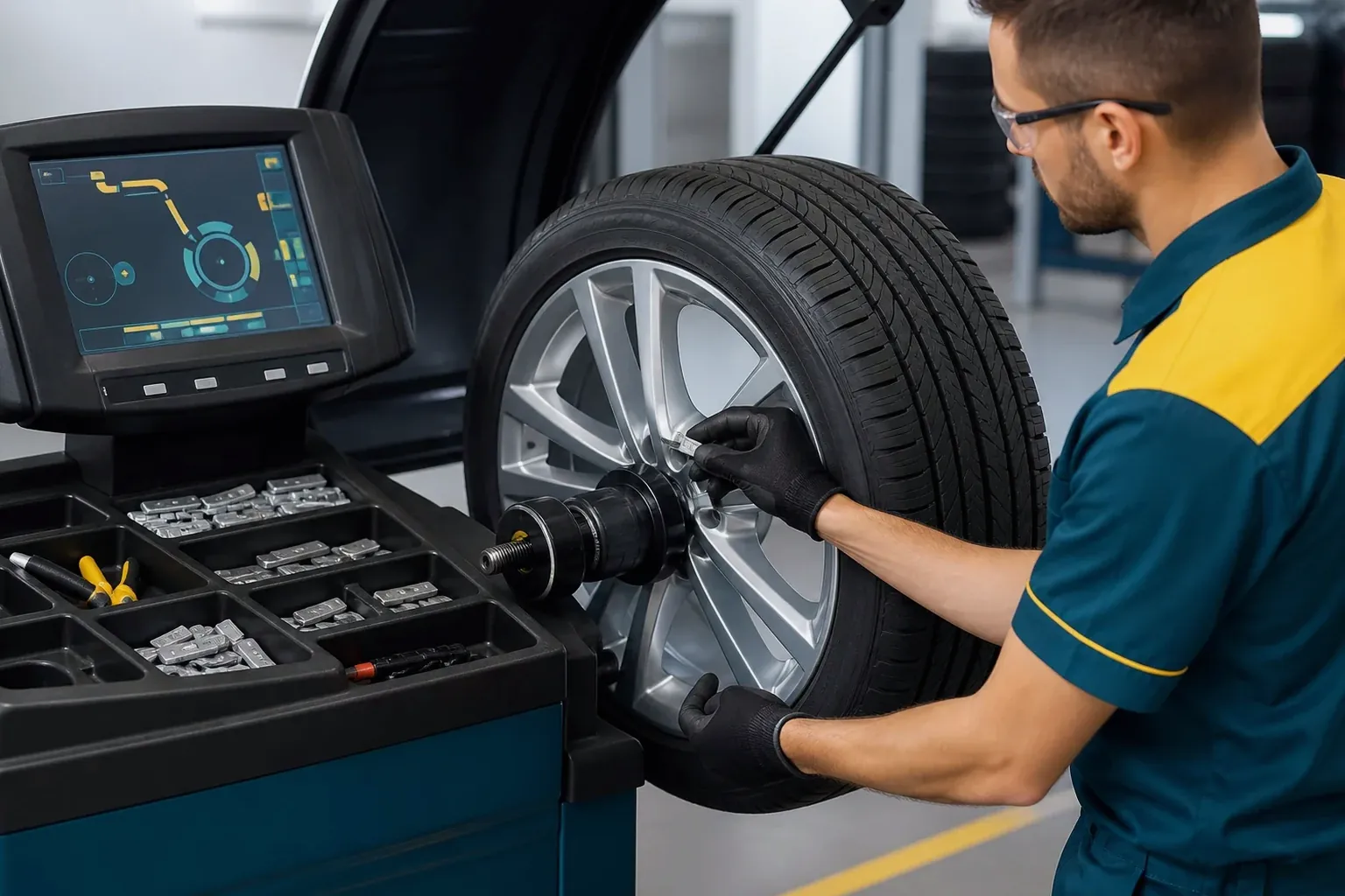 Técnico balanceando rodas de um veículo em uma borracharia.