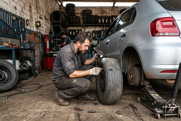 Técnico examinando um pneu em uma borracharia.