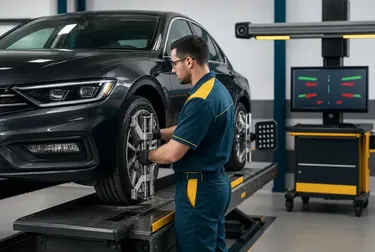 Técnico realizando alinhamento de rodas em uma borracharia.