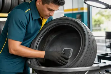 Técnico realizando conserto de pneus em uma borracharia.