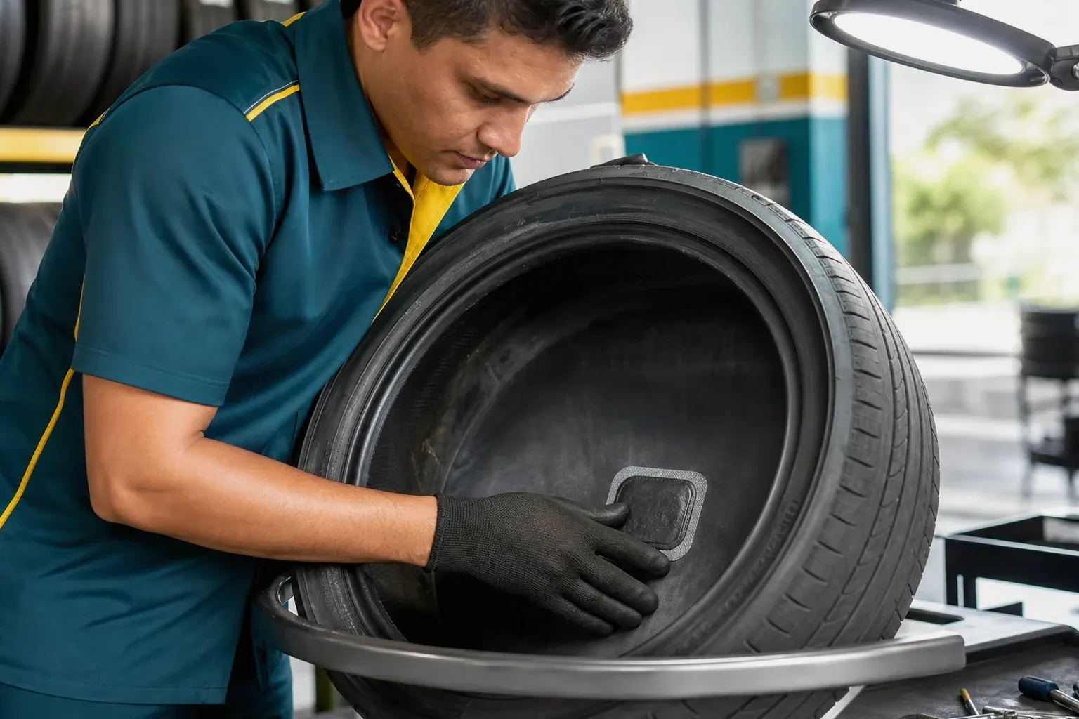 Técnico realizando conserto de pneus em uma borracharia.