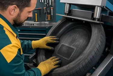 Técnico realizando vulcanização em um pneu na borracharia.