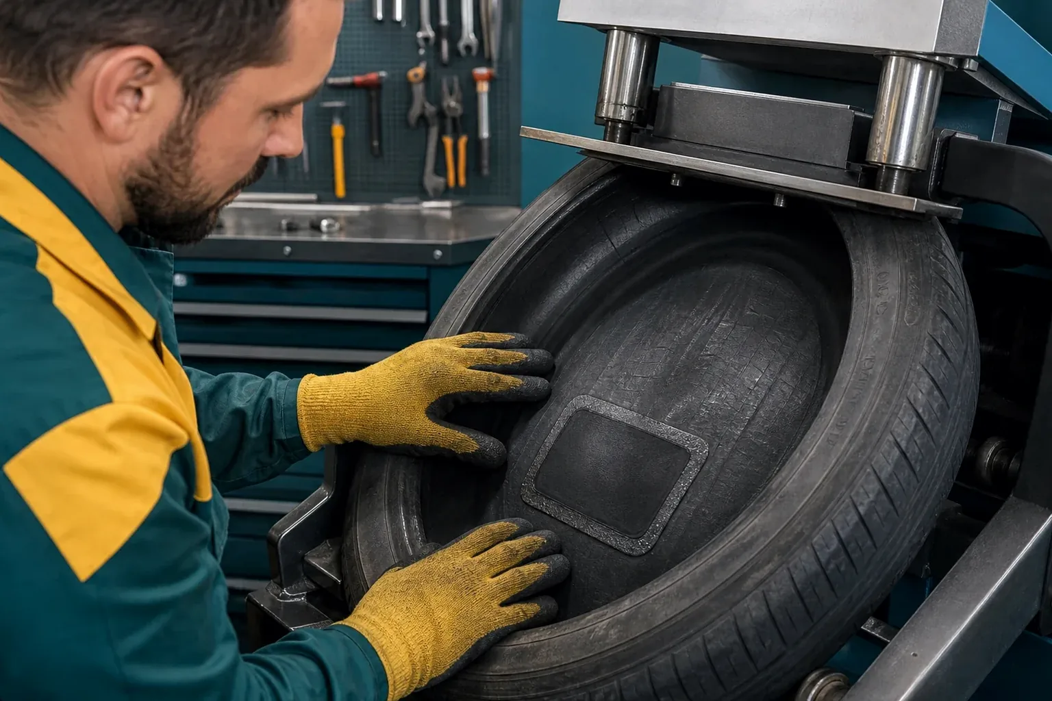 Técnico realizando vulcanização em um pneu na borracharia.